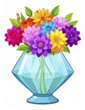 Crystal glass vase with vibrant blooming flowers, vibrant vector drawing illustration for fresh