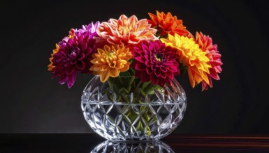 Crystal glass vase with vibrant blooming flowers, fresh spring and summer concept, AI generated