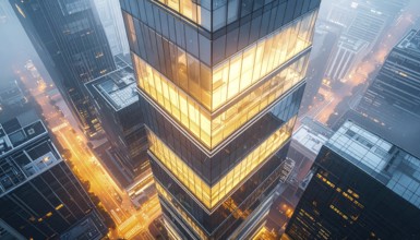 Modern building reflecting sunset light at dusk. Abstract Futuristic Business Background, AI