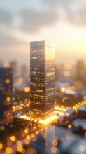 Modern building reflecting sunset light at dusk. Abstract Futuristic Business Background, AI