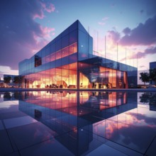 Modern building reflecting sunset light at dusk. Abstract Futuristic Business Background, AI