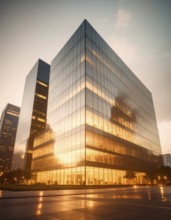 Modern building reflecting sunset light at dusk. Abstract Futuristic Business Background, AI