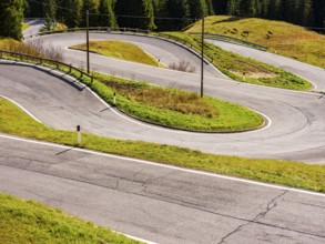 Pass road with many hairpin curves, Dolomite Road, Passo Pordoi, Dolomites, Alps, Belluno province,