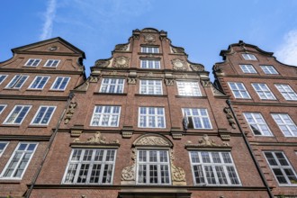 Facades of the historic brick buildings in Peterstraße, Komponistenviertel, Neustadt, Hamburg,