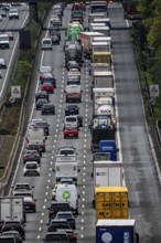 Traffic jam on the A3 motorway between the Hilden junction and the Mettmann junction, view to the