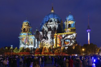 Berlin Cathedral with television tower, 21st BERLIN FESTIVAL OF LIGHTS, motto Let's Shine Together,