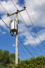 Electricity transformer, high voltage transmission wires, internet, telephone cables attached to