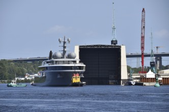 Superyacht COSMOS is undocked from the Lürssen shipyard, Kiel Canal, Kiel Canal, Kiel Canal,