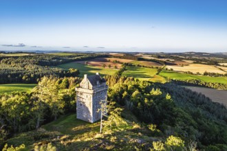 Fatlips Castle from a drone, Minto Crags, River Teviot, Roxburghshire, Scottish Borders, Scotland,