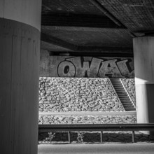 Concrete bridge with graffito in Münsingen on the Swabian Alb, Baden-Württemberg, Germany, for