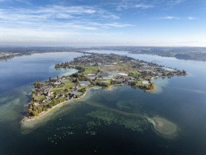 Aerial view of the north-western tip of the island of Reichenau in Lake Constance, with the