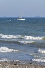Sailboat, waves, swell, Baltic Sea, Geltinger Birk nature reserve, Nieby, Schleswig-Holstein,