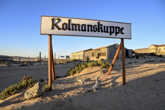 Sign Kolmanskuppe, Kolmanskuppe, near Lüderitz, Karas Region, Namibia