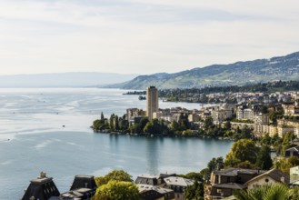 Town by the lake, Panorama, Montreux, Lake Geneva, Lac Léman, Canton Vaud, Switzerland