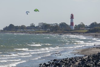 Lighthouse, beach, Baltic Sea, people, kitesurfer, Falshöft, Pommerby, Schleswig-Holstein, Germany