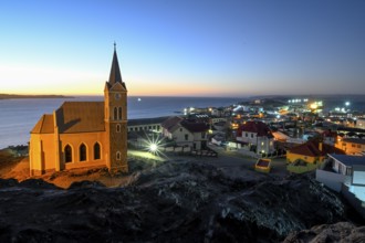View of the rock church from 1912, blue hour, Lüderitz, Karas Region, Namibia