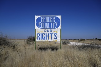 Gender Equality sign, Osire Refugee Settlement, refugee camp, Osire, Otjozondjupa region, Namibia
