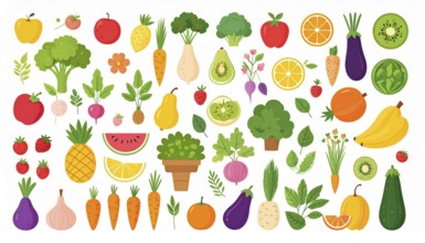 Spring and summer fruit and vegetable element set, vector illustration, AI generated