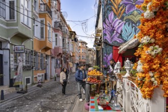 Cafe and shops in the colourful Balat district, Istanbul, Turkey