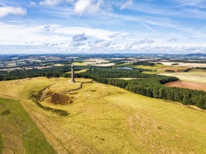Waterloo Monument over Scottish fields and farms from a drone, Jedburgh, Scotland, UK