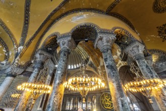 Columns in the interior of today's Hagia Sophia mosque or Church of St Sophia, former Byzantine