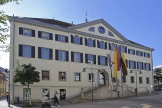 Town hall with German national flag, Baden-Württemberg state flag and town flag, Balingen, Swabian