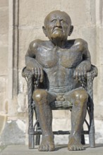 Sculpture The Old Man by Guido Messer 1981 bronze sculpture, modern art, old naked sitting man with