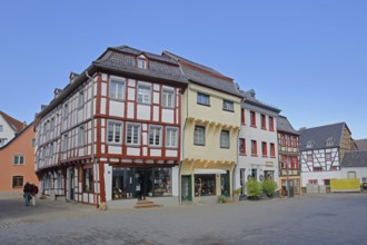 Half-timbered houses, pedestrians, Orchheimer Straße, Bad Münstereifel, Ahrgebirge, Eifel, North