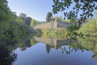 Hardtburg castle built 13th century with pond, reflection, moated castle, forest, Stotzheim,