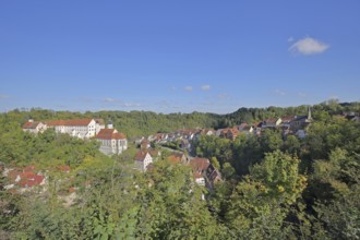 Castle and baroque castle church St. Trinitatis and townscape, mountain, valley, landscape,