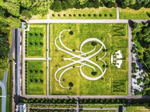 Top Down view over Gardens of Floors Castle from a drone, Duke of Roxburghe, Roxburghshire,