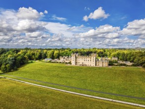 Floors Castle and garden from a drone, Duke of Roxburghe, Roxburghshire, Scotland, UK