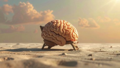 Brain relaxes on a sunbed under the summer sun, placed on a flat surface, symbol for mental health,