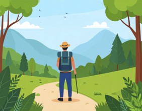 Traveling and hiking in mountain landscape, abstract vector illustration, AI generated image