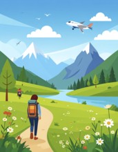 Traveling and hiking in mountain landscape, abstract vector illustration, AI generated image
