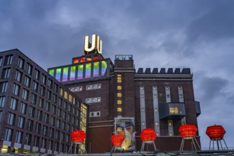 Illuminated sculptures of Dortmund roses in front of Dortmund's landmark U, Centre for Art and