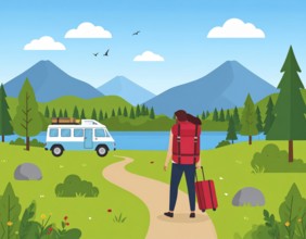 Traveling and hiking in mountain landscape, abstract vector illustration, AI generated image