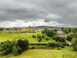 Alnwick Castle from a drone, Alnwick, Northumberland, England, United Kingdom
