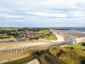 Alnmouth and River Aln Estuary from drone, Alnwick, Northumberland, England, United Kingdom