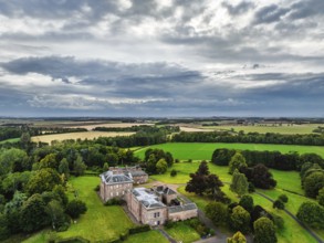 Paxton House over River Tweed from a drone, Paxton, Berwick-upon-Tweed, Berwickshire, Scotland, UK