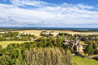 Ruins of Dirleton Castle & Gardens from a drone, Dirleton, East Lothian, Scotland, UK