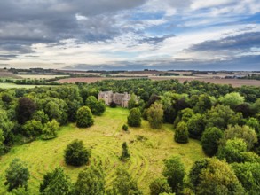 Hutton Castle from a drone, Whiteadder Water, Chirnside, Scottish Borders, UK