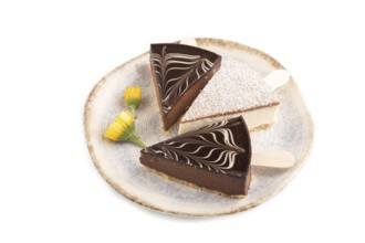 Chocolate and Vanilla Cake pops Marshmallow isolated on white background. side view, close up