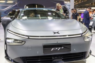 Munich, Germany - 10.9.2025: An Xpeng P7+ from the Chinese car manufacturer Xpeng during the IAA