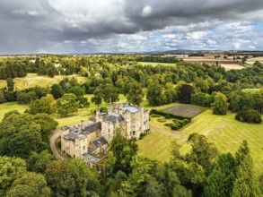 Oxenfoord Castle from a drone, Midlothian, Scotland, UK