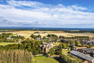 Ruins of Dirleton Castle & Gardens from a drone, Dirleton, East Lothian, Scotland, UK