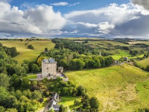 Borthwick Castle from a drone, Midlothian, Scotland, UK