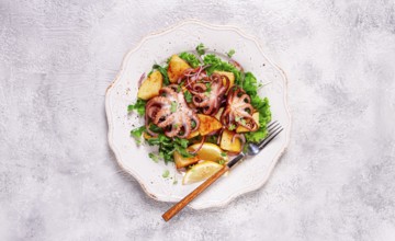 Grilled octopus with baked potatoes and fresh herbs, on a decorative light plate, homemade, no
