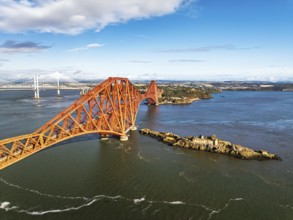 Inch Garvie Castle from a drone, Forth Bridge, Queensferry Crossing, Forth Estuary, Scotland,