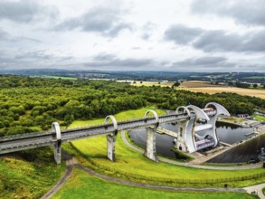 Filkirk Wheel from a drone, Forth and Clyde Canal, Falkirk, Scotland, UK